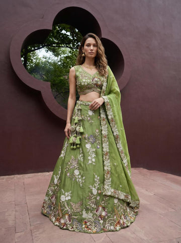 Pista Tissue Embroidered Lehenga for Mehendi - RENT