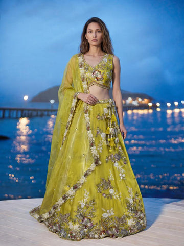 Yellow Tissue Embroidered Lehenga for Haldi - RENT