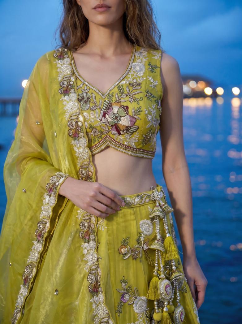 Yellow Tissue Embroidered Lehenga for Haldi - RENT