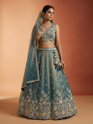 Teal Tissue Moti with Embroidered Lehenga for Sangeet - RENT
