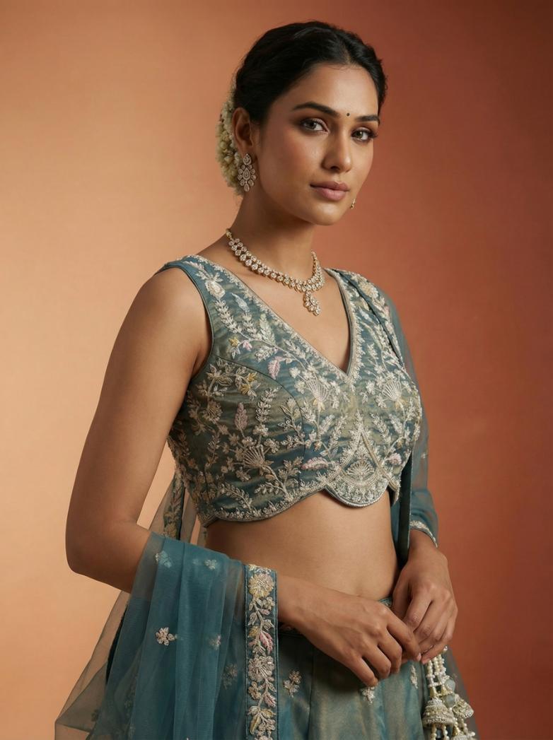 Teal Tissue Moti with Embroidered Lehenga for Sangeet - RENT
