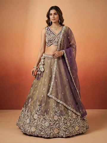 Copper Brown Tissue Embroidered Lehenga for Wedding - RENT
