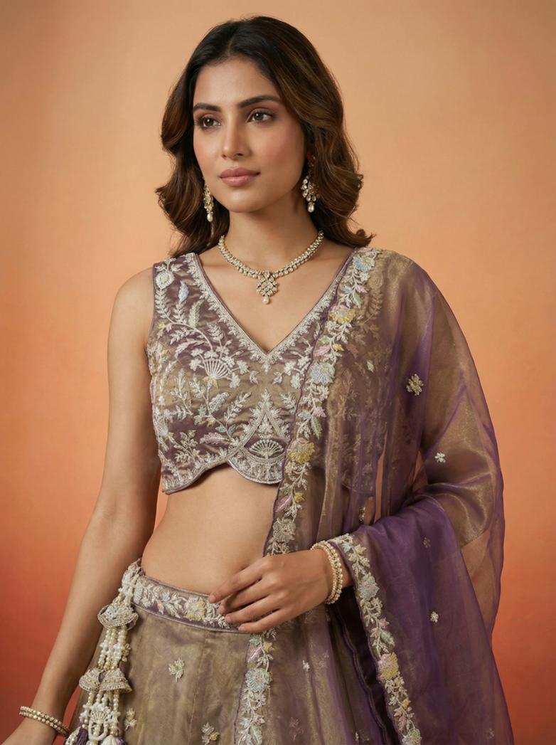 Copper Brown Tissue Embroidered Lehenga for Wedding - RENT