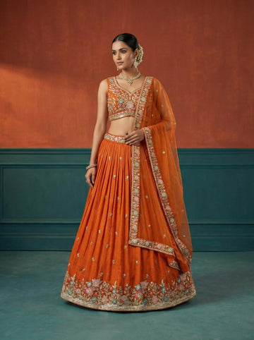 Orange Georgette Embroidered Lehenga for Wedding - RENT