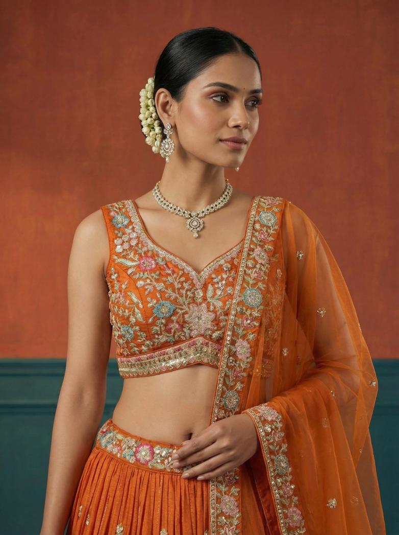 Orange Georgette Embroidered Lehenga for Wedding - RENT