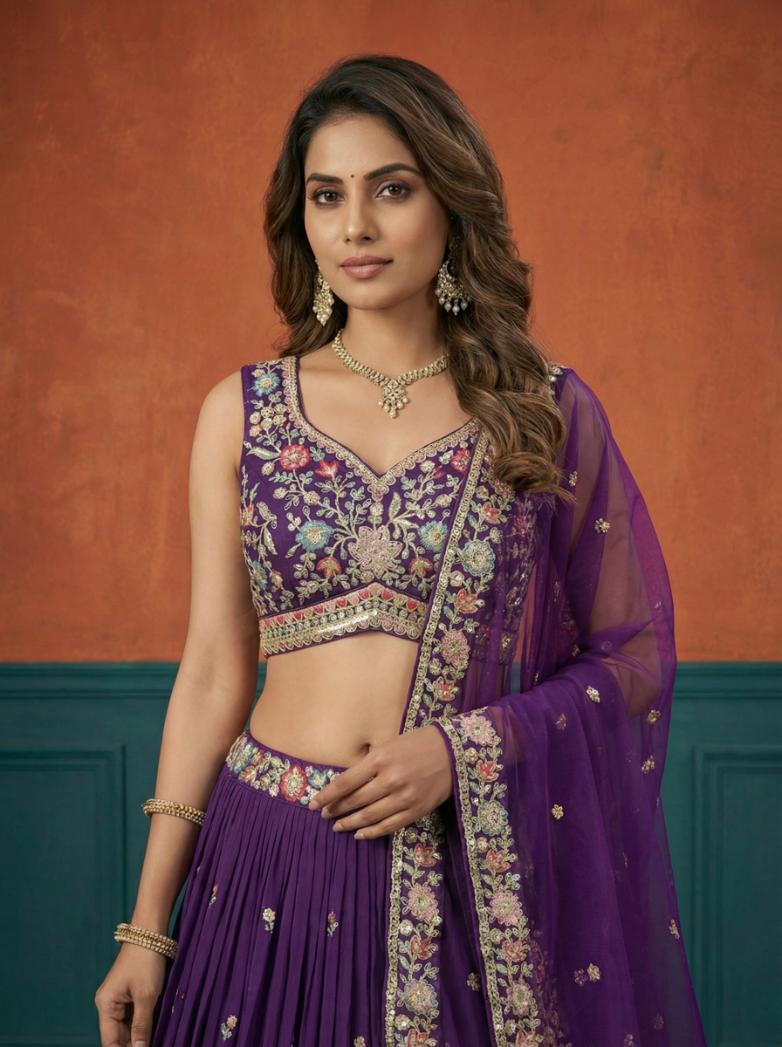 Purple Sequence Embroidered Lehenga for Wedding - RENT