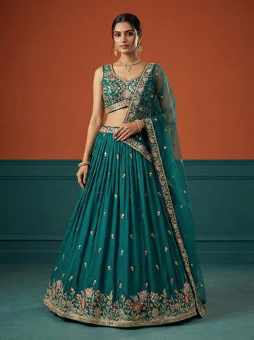 Rama Green Georgette Embroidered Lehenga for Wedding - RENT