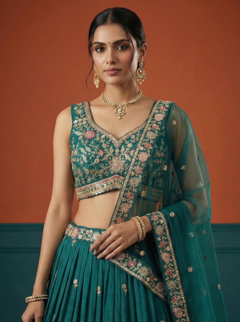 Rama Green Georgette Embroidered Lehenga for Wedding - RENT