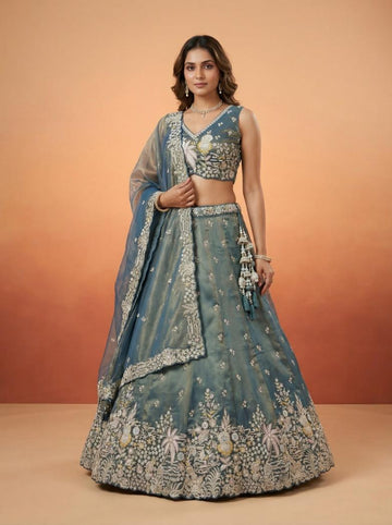 Peacock Blue Moti Embroidered Lehenga for Sangeet - RENT
