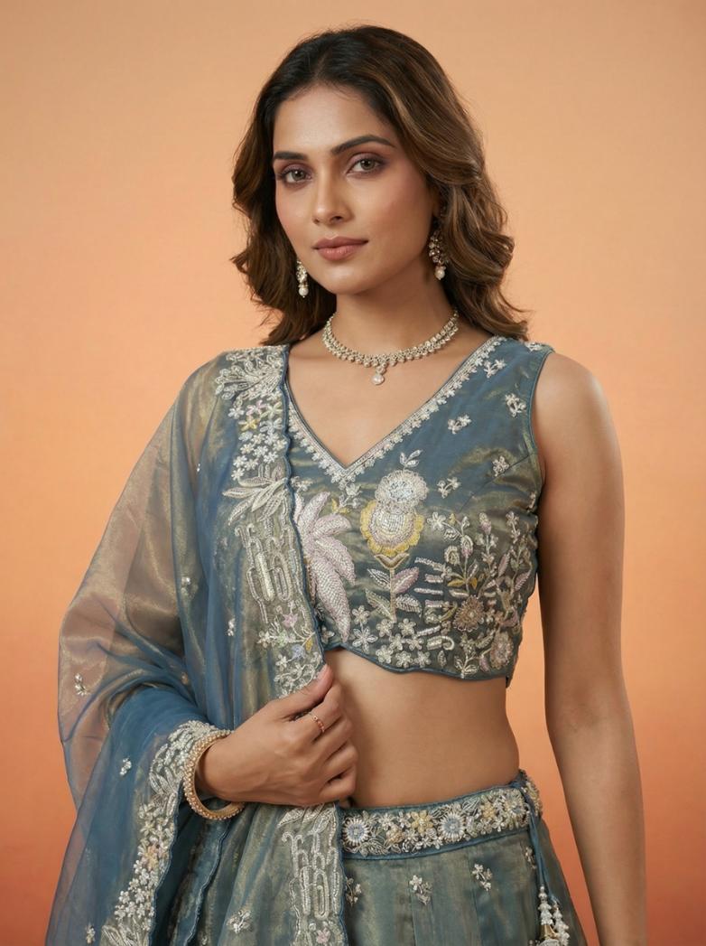 Peacock Blue Moti Embroidered Lehenga for Sangeet - RENT