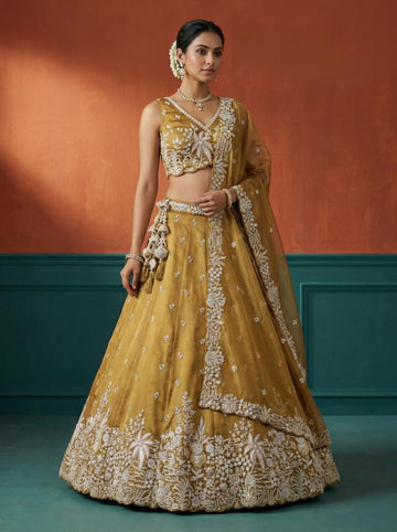 Mustard Tissue Moti Embroidered Lehenga for Haldi - RENT