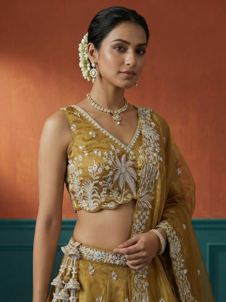 Mustard Tissue Moti Embroidered Lehenga for Haldi - RENT