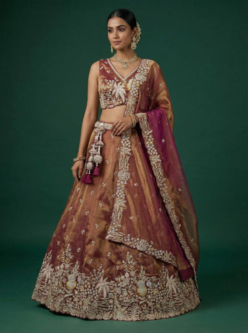 Copper Brown Tissue Embroidered Lehenga for Wedding - RENT
