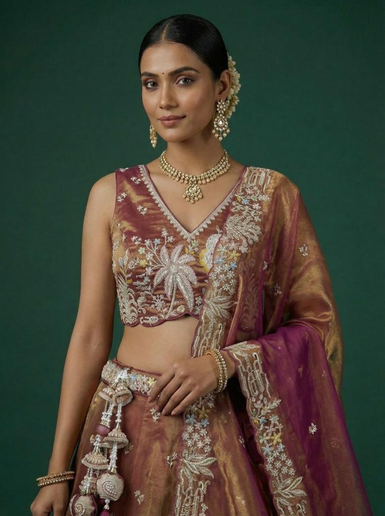 Copper Brown Tissue Embroidered Lehenga for Wedding - RENT