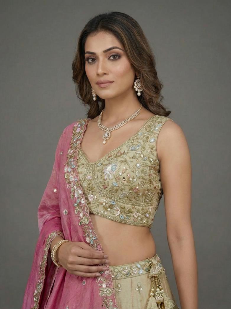 Beige & Pink Tissue with Embroidered Lehenga for Guest - RENT