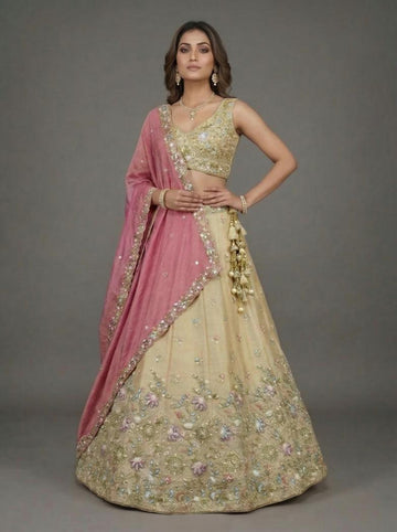 Beige & Pink Tissue with Embroidered Lehenga for Guest - RENT