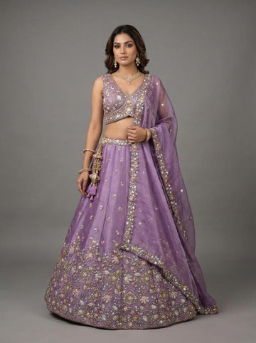 Lavender Tissue Embroidered Lehenga for Reception - RENT