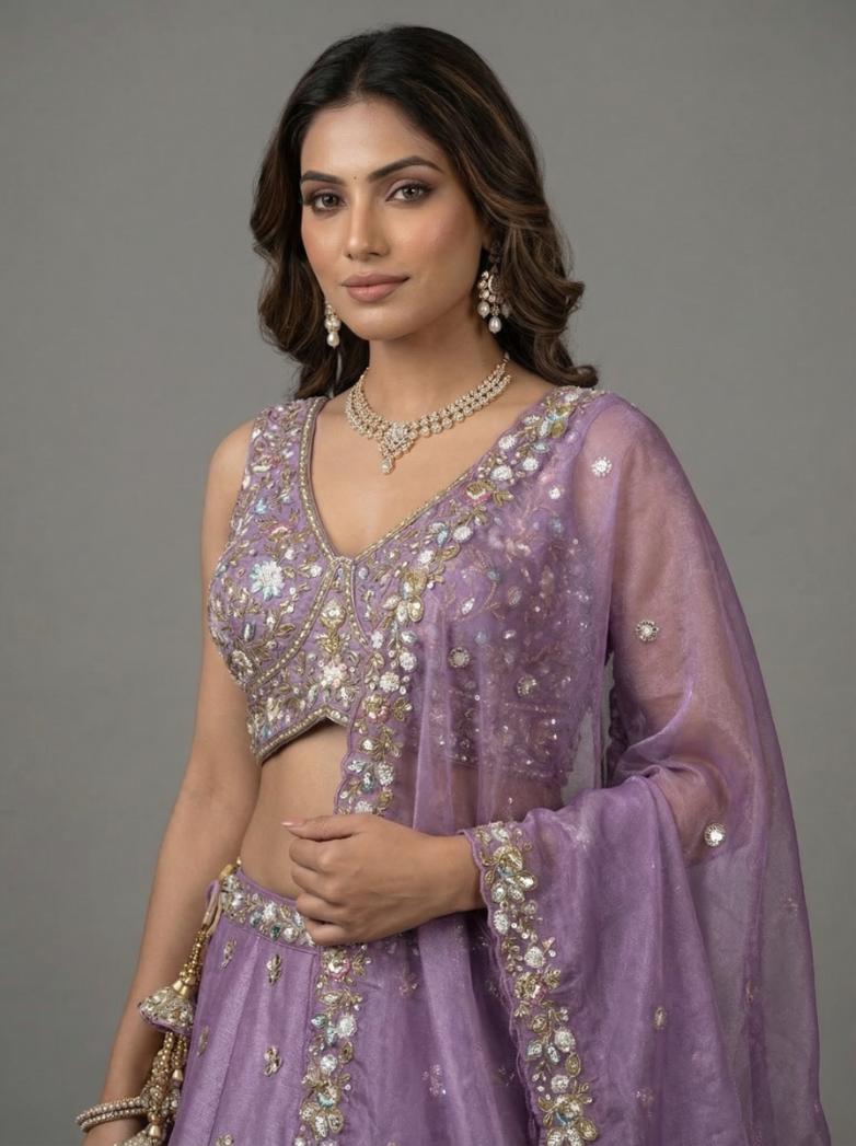 Lavender Tissue Embroidered Lehenga for Reception - RENT