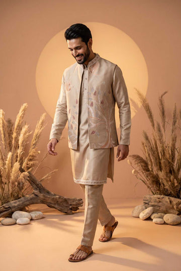 Champagne Beige Embroidered Men's Kurta Jacket Set - RENT