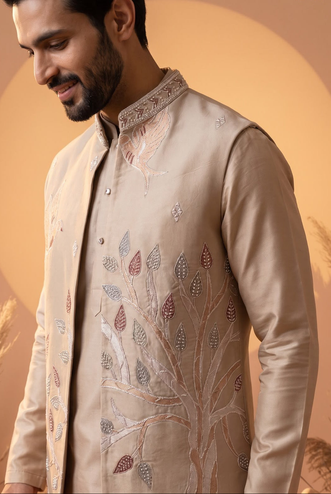 Champagne Beige Embroidered Men's Kurta Jacket Set - RENT