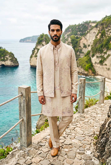 Cream Linen Embroidered Kurta Payjama with Jacket for Groom - RENT