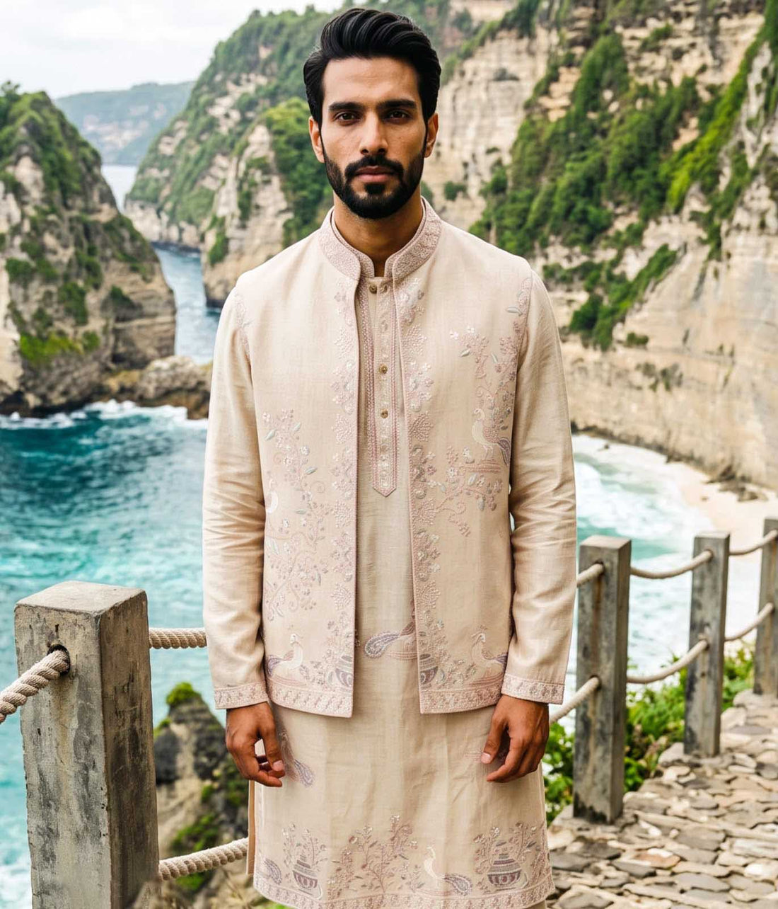Cream Linen Embroidered Kurta Payjama with Jacket for Groom - RENT