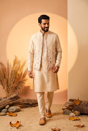 Beige Embroidered Men's Kurta Jacket Set for Wedding Guest  - RENT