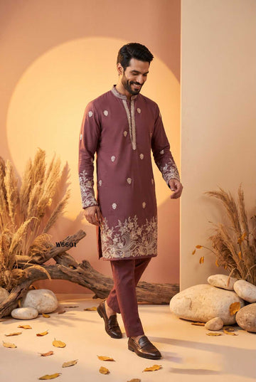 Mauve Embroidery Kurta Pajama for Wedding Guest - RENT