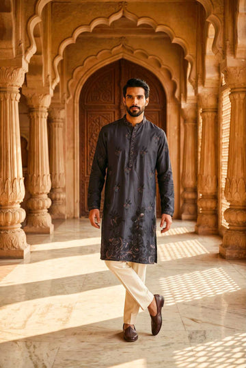 Grey Silk Embroidered Kurta Pajama for Wedding Guest - RENT