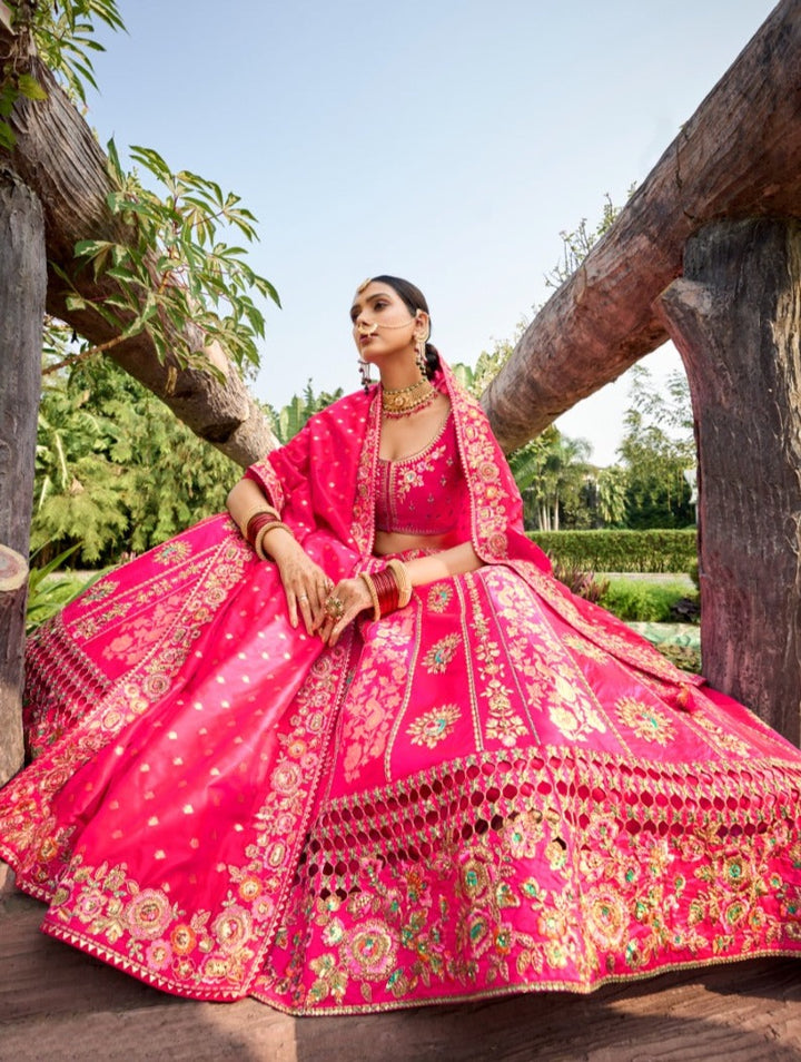 Rose Enchantment Banarasi Silk Lehenga- Rent