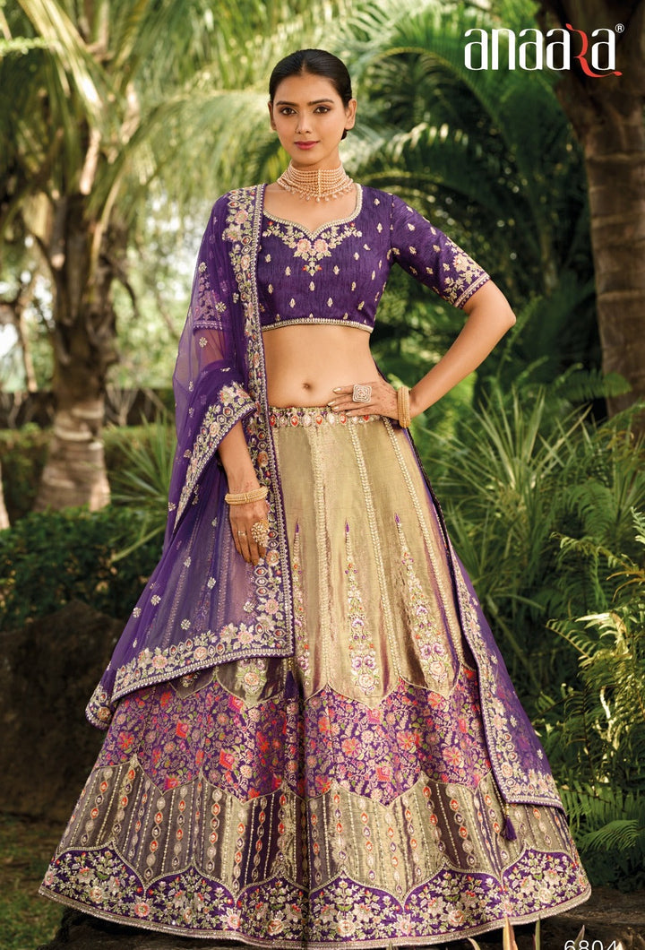 Purple and Golden Banarasi Silk Lehenga
