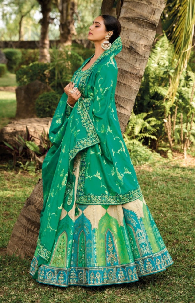 Green and Beige Banarasi Silk Lehenga- Rent