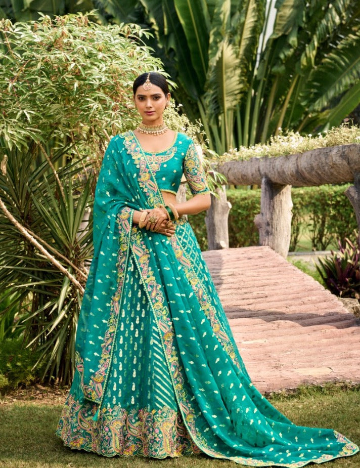 Ivory Green Banarasi Silk Lehenga- Rent