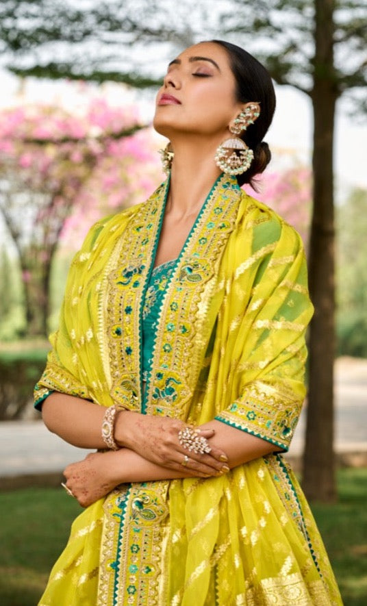 Yellow and Green Banarasi Silk Lehenga