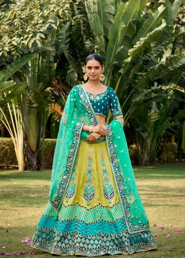 Lime Green Banarasi Silk Lehenga- Rent
