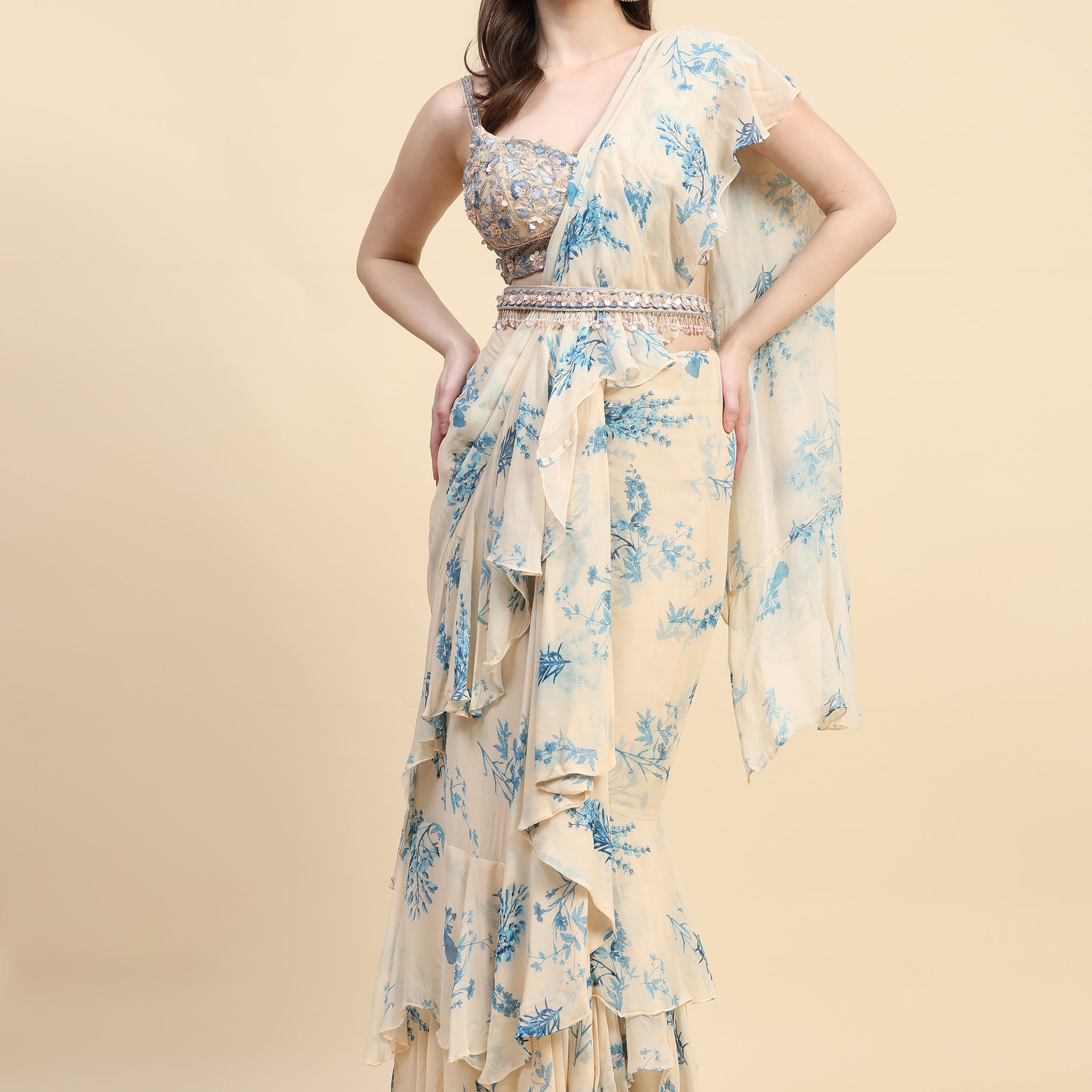 Off White & Light Blue Ruffle Saree Set-Rent