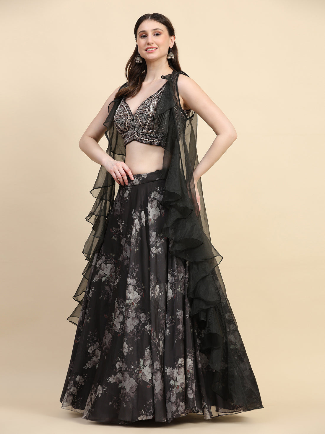 Floral Printed Black Organza Lehenga Partywear Lehenga - Rent