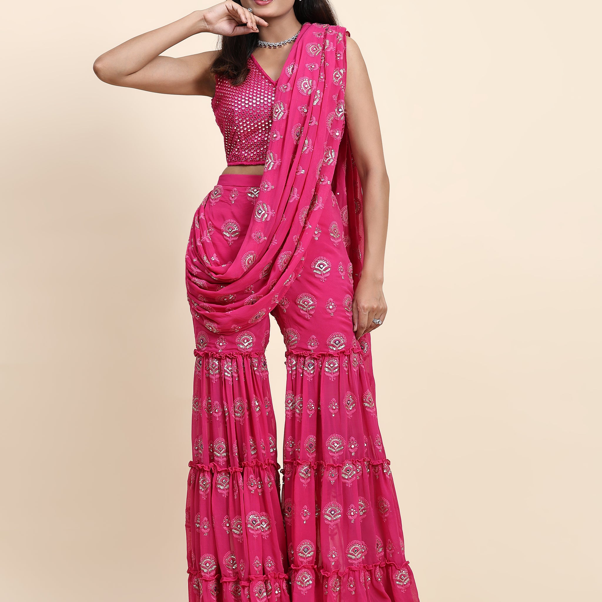 Pink And Silver Sharaha With Attached Duppatta And Crop Top - Rent