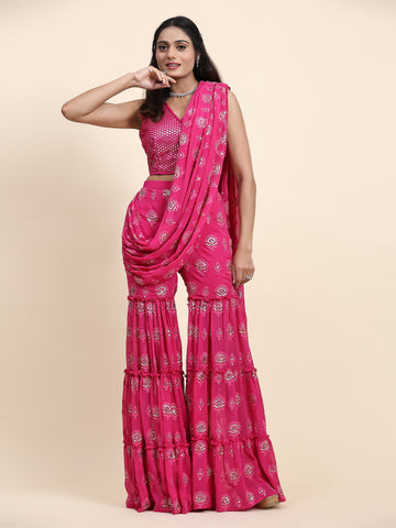 Pink And Silver Sharaha With Attached Duppatta And Crop Top - Rent