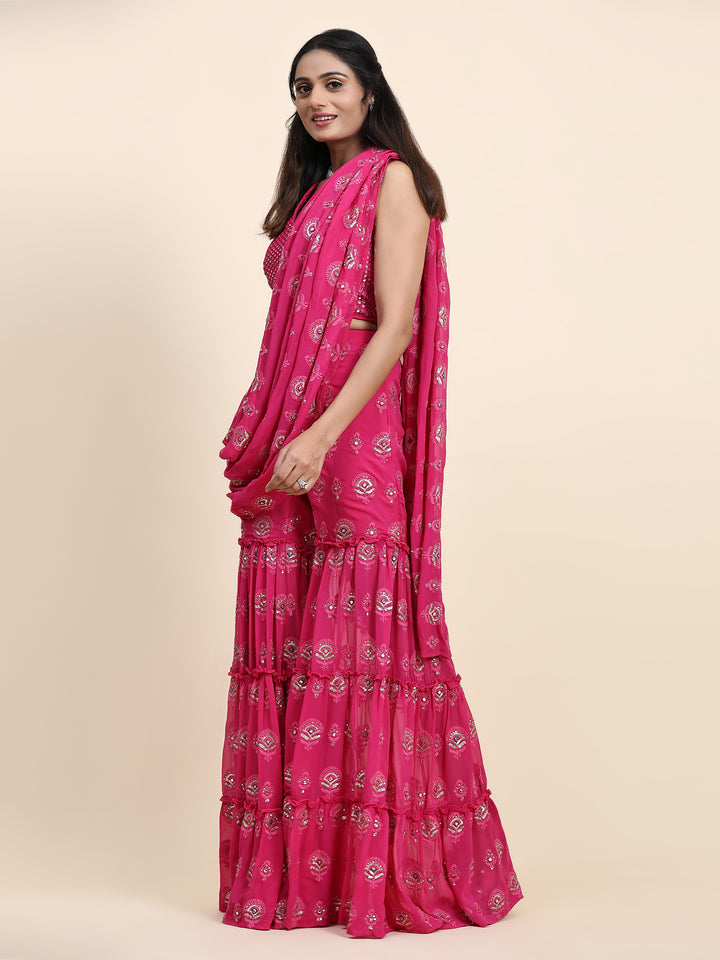 PINK AND SILVER SHARAHA WITH ATTACHED DUPPATTA AND CROP TOP - RENT