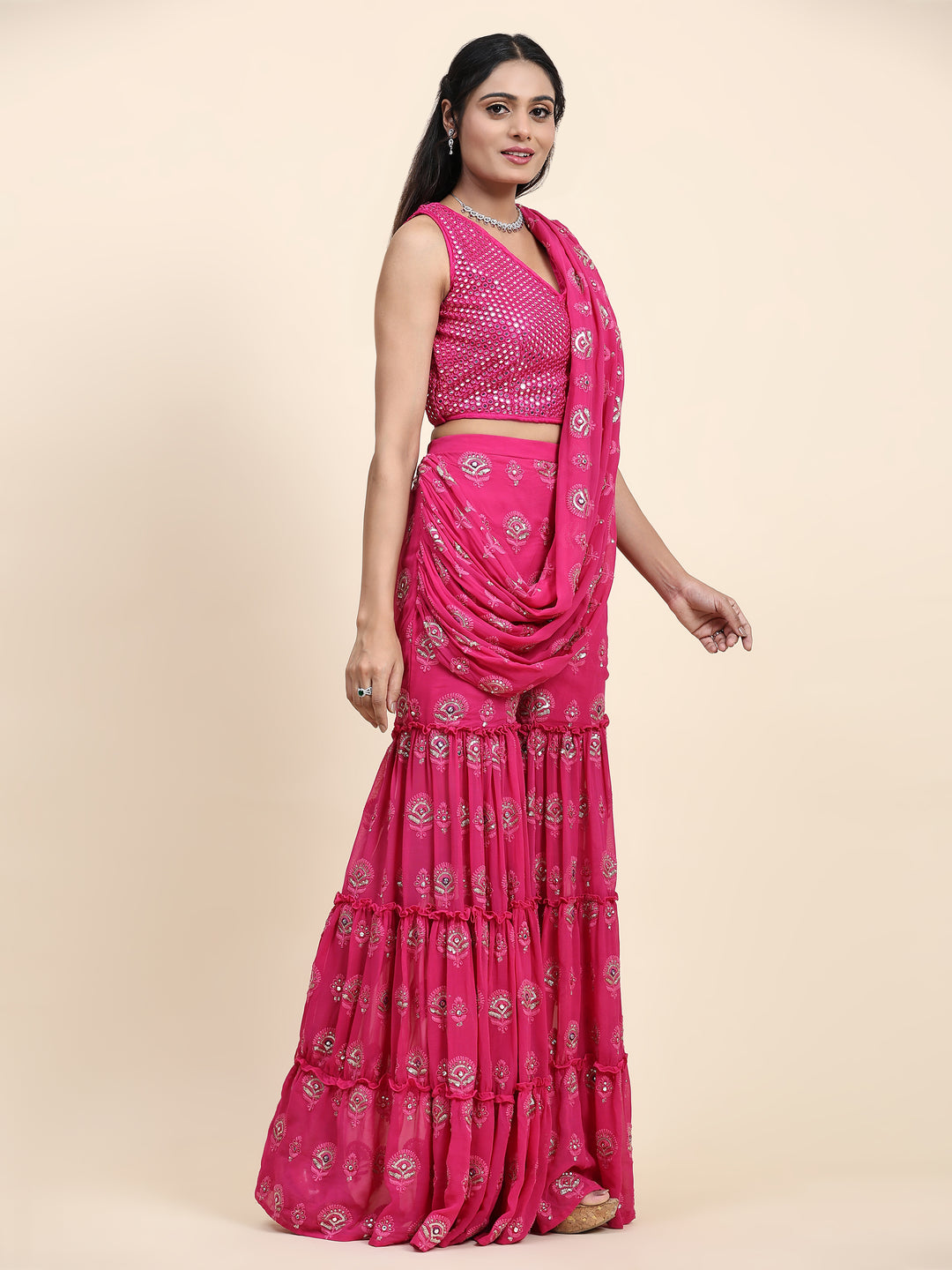 PINK AND SILVER SHARAHA WITH ATTACHED DUPPATTA AND CROP TOP - RENT