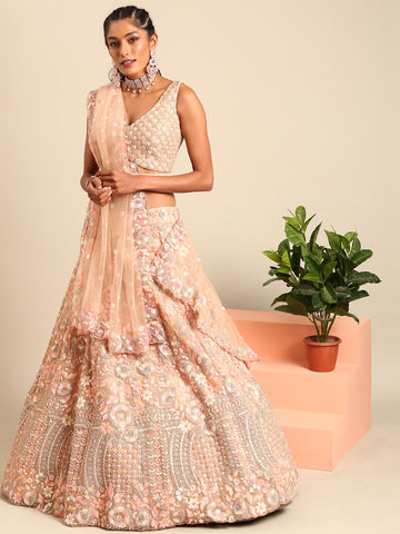 Chic Peach Sequins Embroidered Lehenga Choli with Dupatta