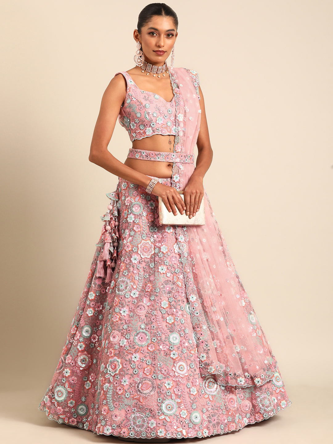 Pink With Full Net Dupata Colored Lehenga: Timeless Elegance for Every Celebration - Rent