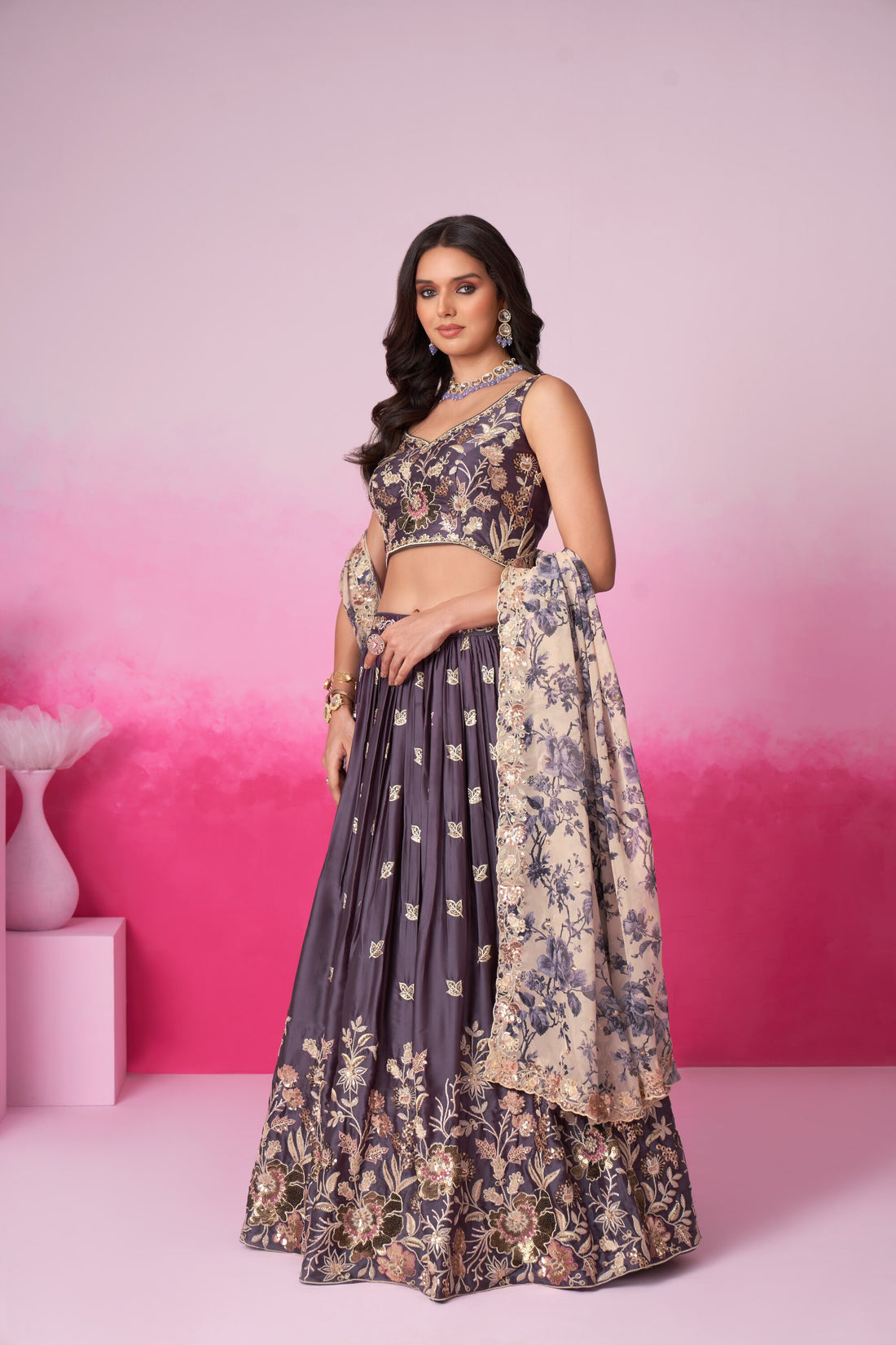 Purple  Net Cutdana, Sequins and Zarkan  Lehenga choli & Dupatta - Rent