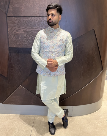 Cream Cotton Kurta Pyjama with Jacquard Woven Design & Matching Koti Festive Ethnic Wear - Buy