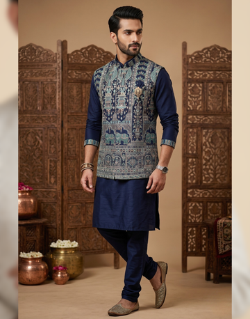 Royal Navy Blue Kurta Pyjama Set with Embroidered Nehru Jacket – Festive & Wedding Wear
