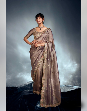 Stunning Bronze Organza Saree in Pure Tissue Hand-Embroidered Border with Moti, Sequins & Khatli Work