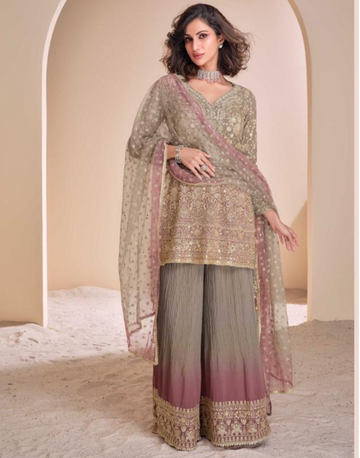 Brown Georgette Embroidered Top with Hand Swarovski, Palazzo & Dupatta Set Elegant & Stylish
