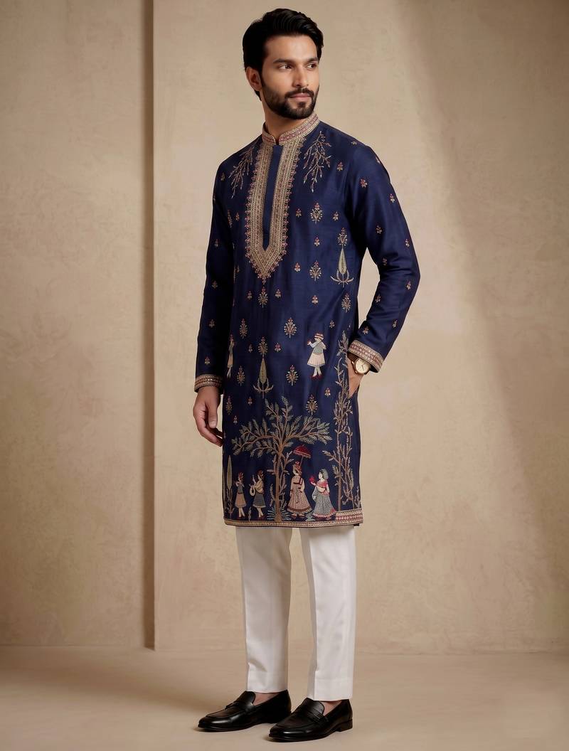 Navy Blue Satin Thread Embroidered Kurta Trouser for Guest - RENT