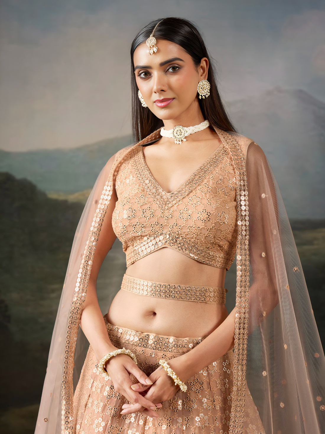 Peach Mirror Work Wedding Lehenga Choli for Reception - RENT